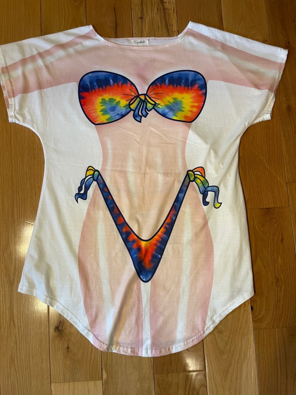 Novelty Bikini Print Tunic Tee - White with Tie-Dye Accents